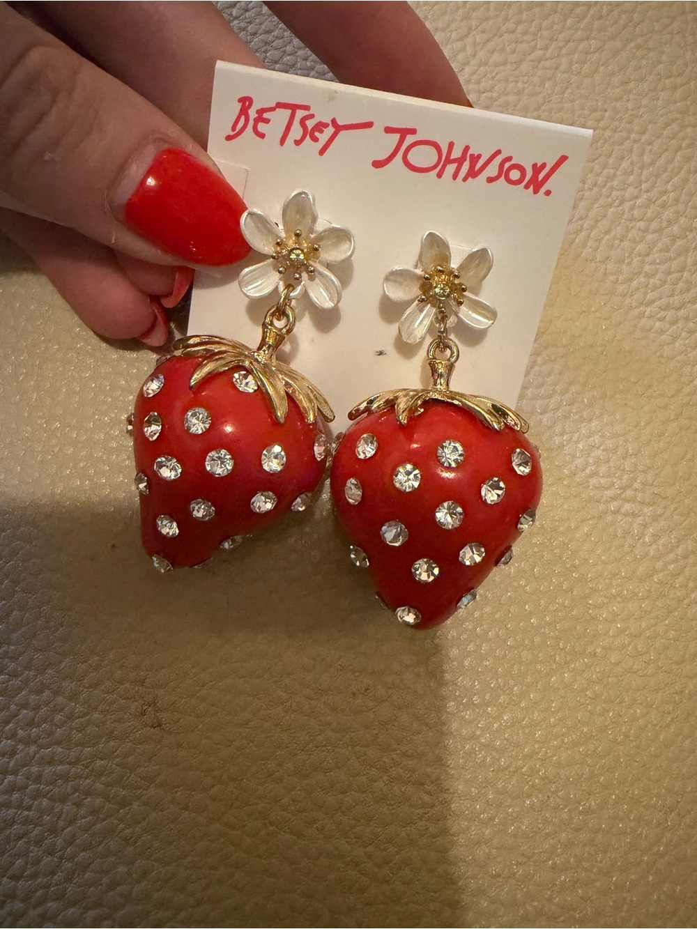 Betsey Johnson Red Enamel Strawberry Drop Earrings with Crystal Accents